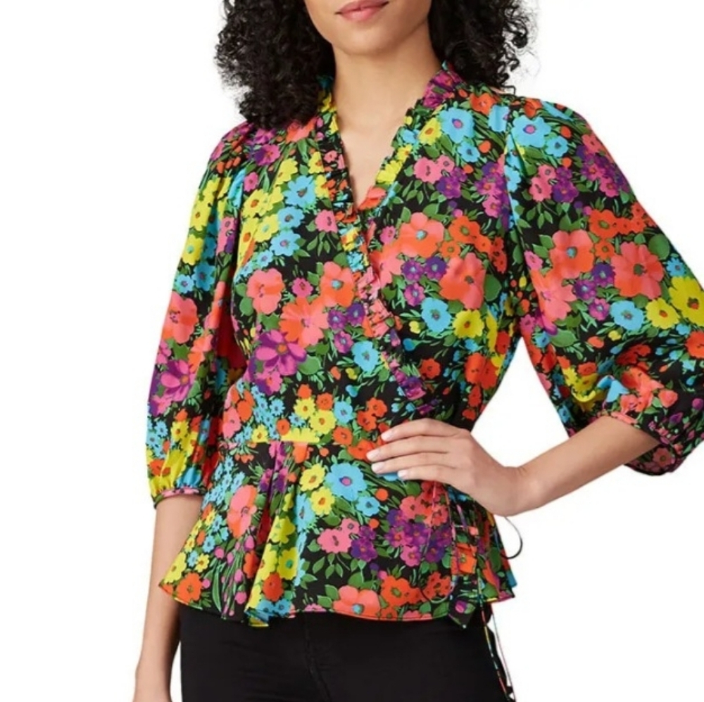 Vibrant Floral Wrap Blouse - Multicolor- Preloved